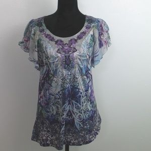 Cato Purple Embroidered Floral S/S Top NWOT